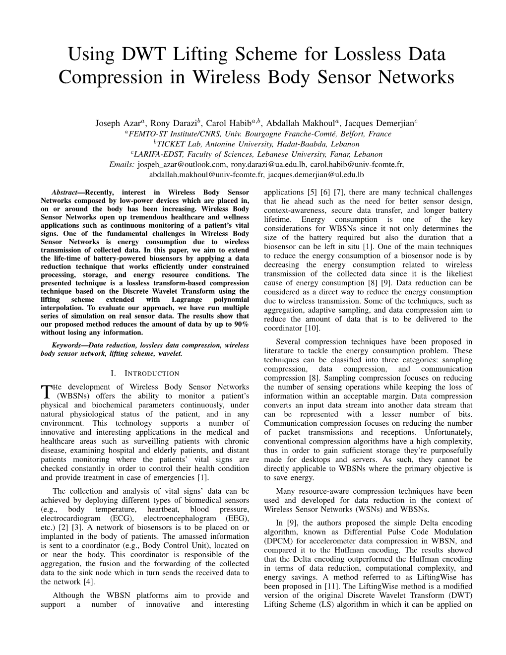 Using DWT Lifting Scheme for Lossless Data Compression in Wireless Body Sensor Networks
