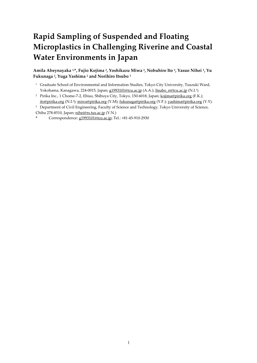 Rapid Sampling of Suspended and Floating Microplastics in Challenging Riverine and Coastal Water Environments in Japan