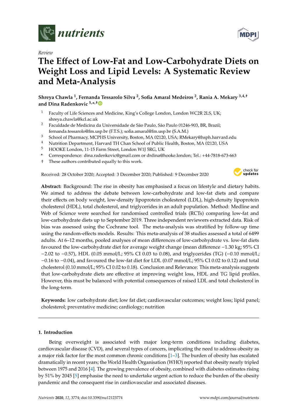 The Effect of Low-Fat and Low-Carbohydrate Diets on Weight