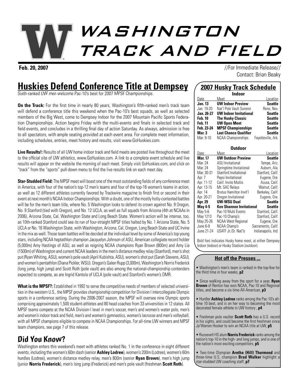 WASHINGTON TRACK and FIELD Feb