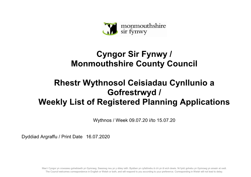 Cyngor Sir Fynwy / Monmouthshire County Council Rhestr Wythnosol