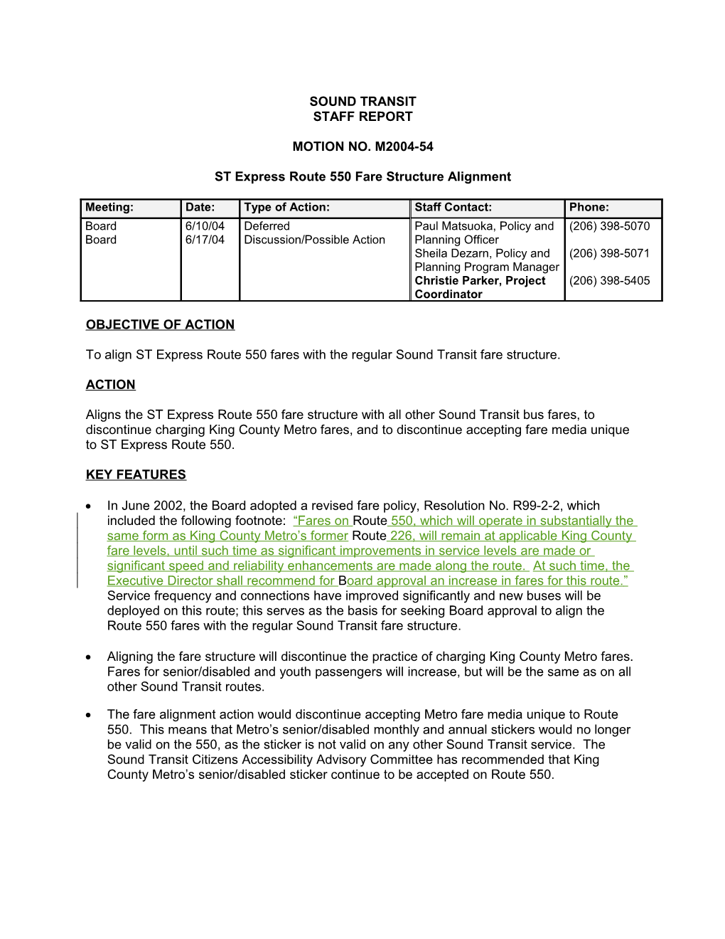 ST Express Route 550 Fare Structure Alignment