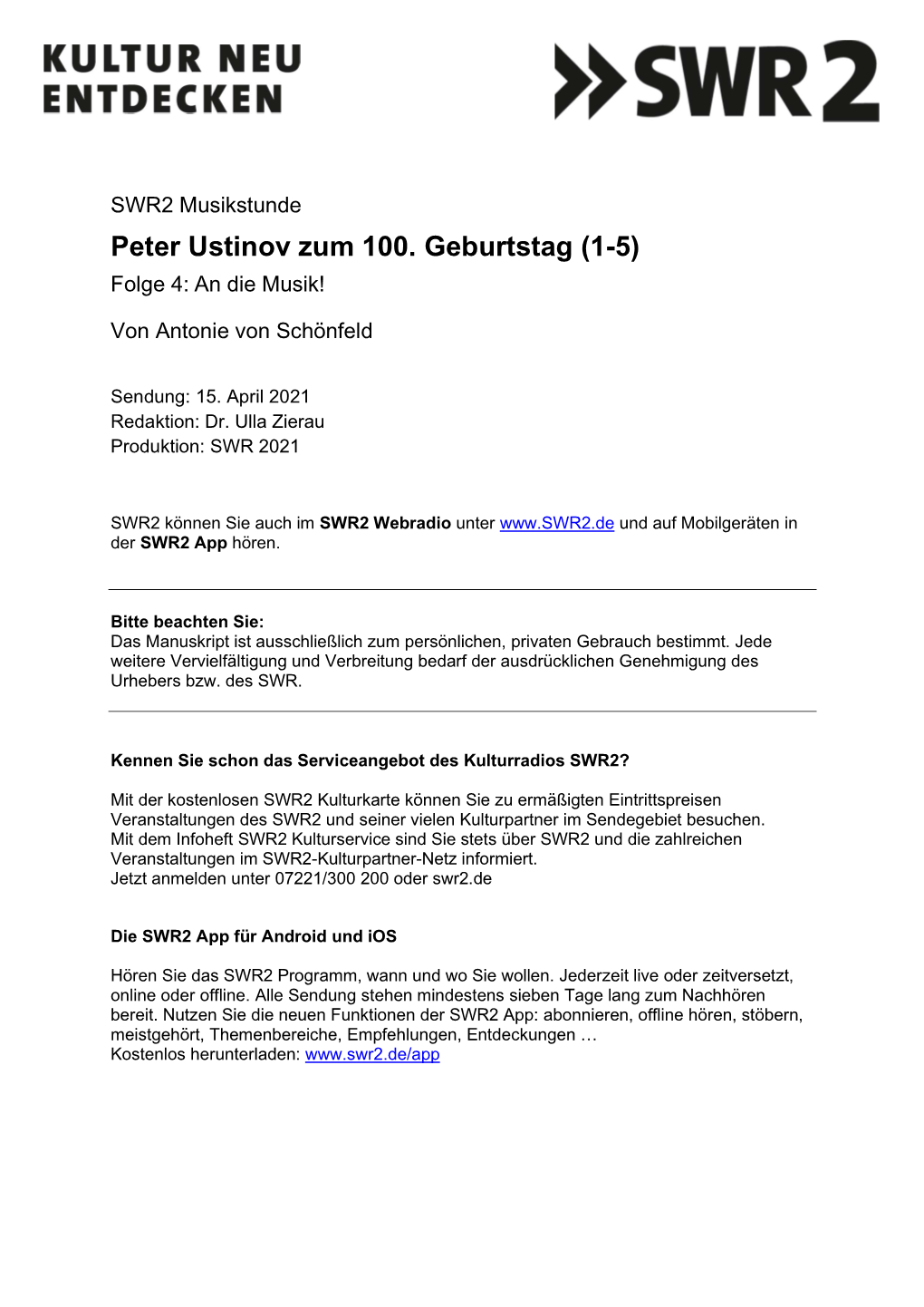 SWR2 Musikstunde Peter Ustinov Zum 100