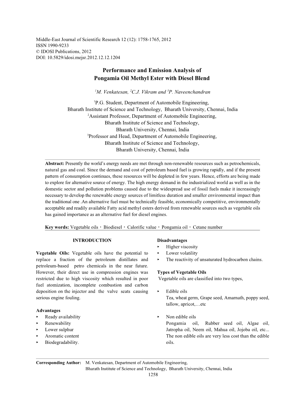 Performance and Emission Analysis of Pongamia Oil Methyl Ester with Diesel Blend