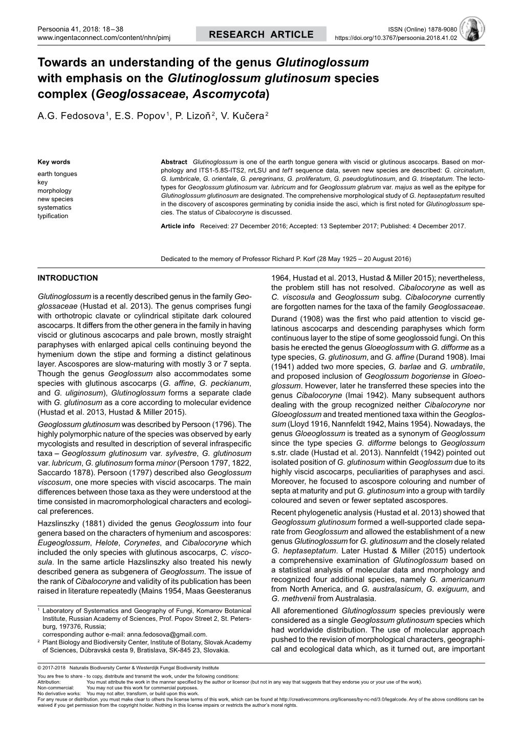 Towards an Understanding of the Genus Glutinoglossum with Emphasis on the Glutinoglossum Glutinosum Species Complex (Geoglossaceae, Ascomycota)