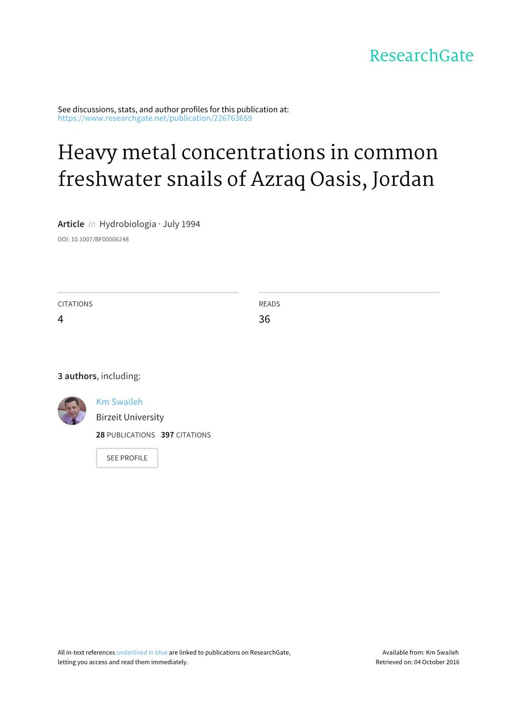 Heavy Metal Concentrations in Common Freshwater Snails of Azraq Oasis, Jordan