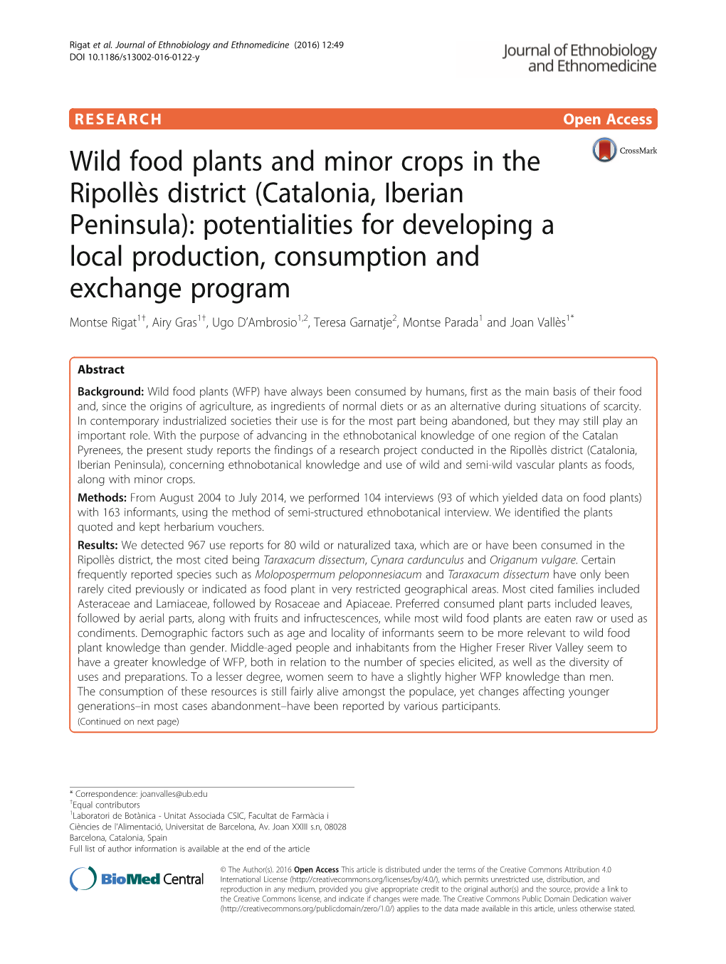 Wild Food Plants and Minor Crops in the Ripollès District