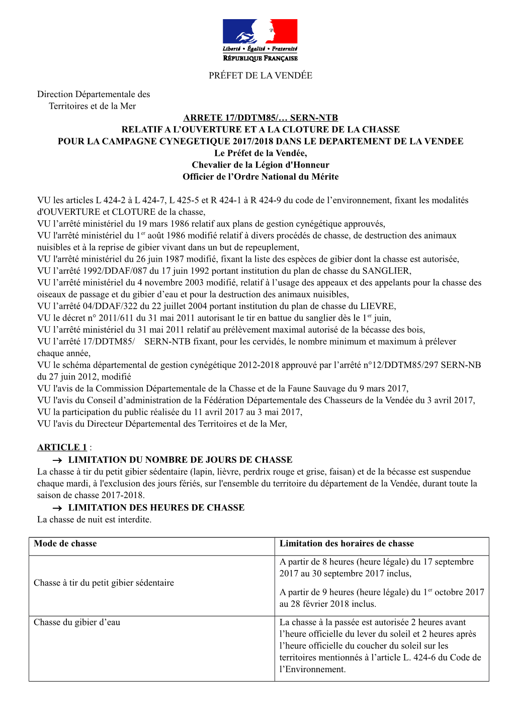 PRÉFET DE LA VENDÉE Direction Départementale Des Territoires Et