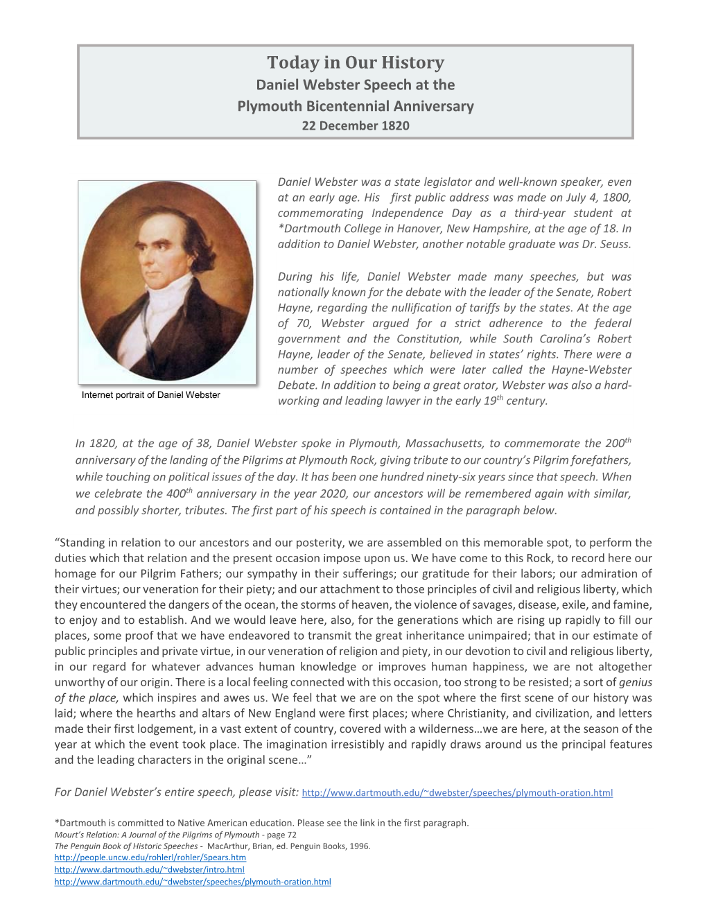 Today in Our History Daniel Webster Speech at the Plymouth Bicentennial Anniversary 22 December 1820