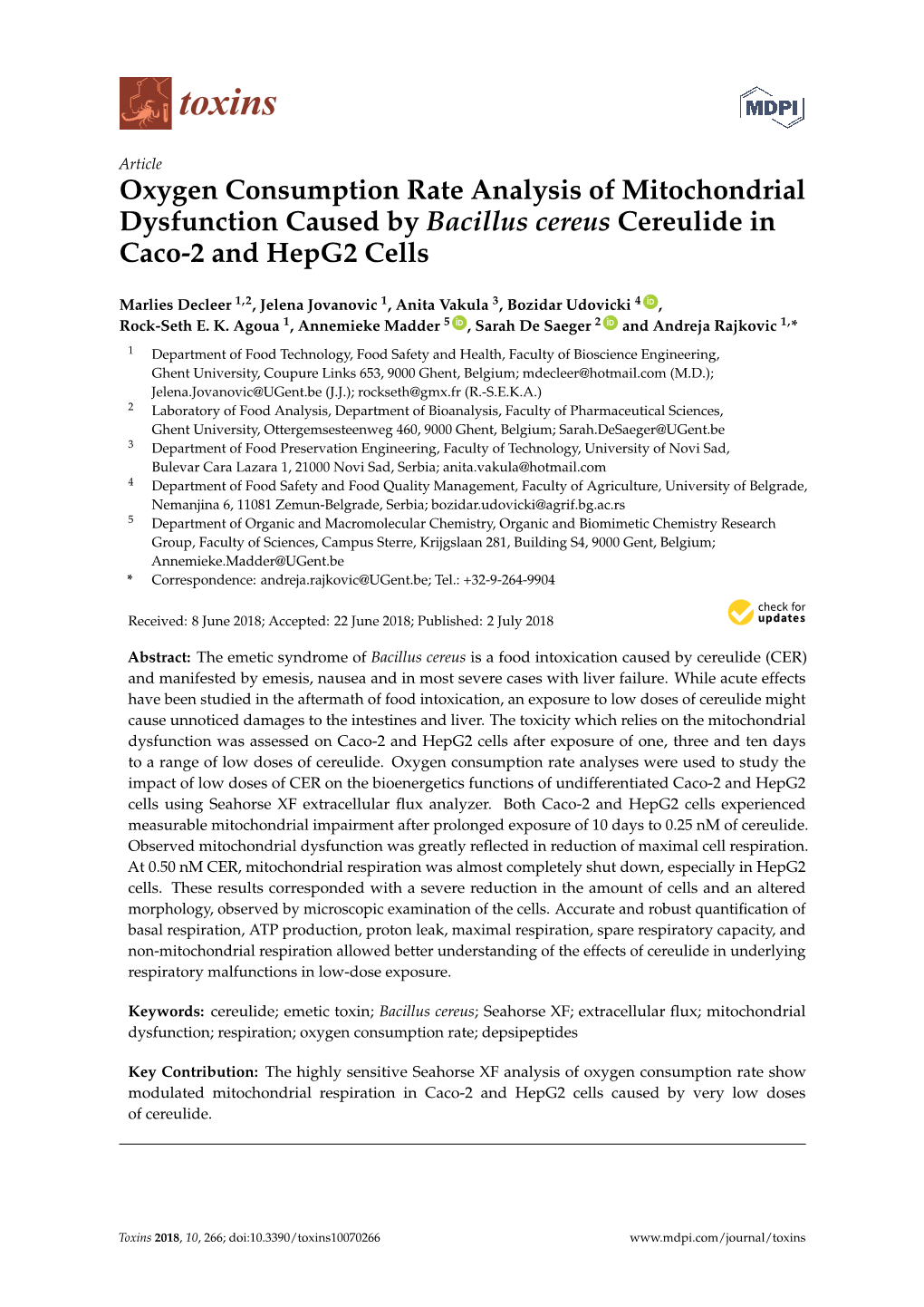 Oxygen Consumption Rate Analysis of Mitochondrial Dysfunction Caused by Bacillus Cereus Cereulide in Caco-2 and Hepg2 Cells