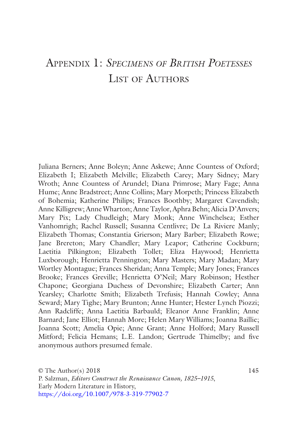 Appendix 1: Specimens of British Poetesses List of Authors