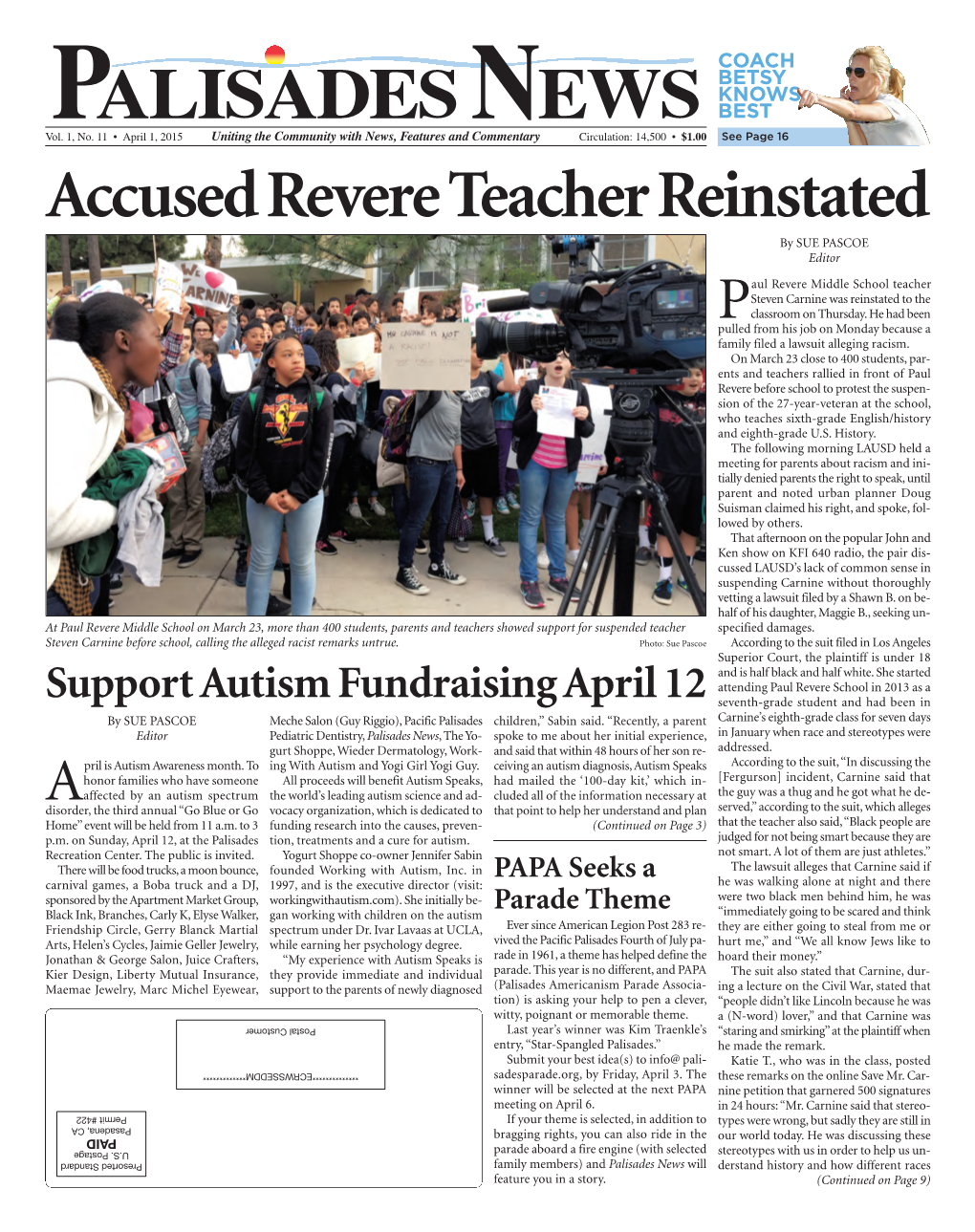 Accused Revere Teacher Reinstated by SUE PASCOE Editor Aul Revere Middle School Teacher Steven Carnine Was Reinstated to the Pclassroom on Thursday