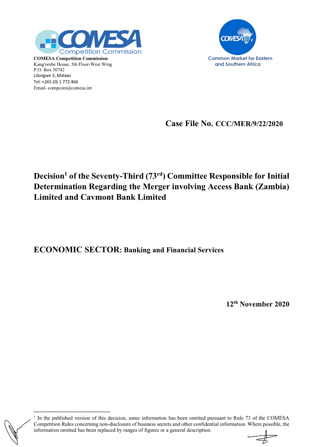 Committee Responsible for Initial Determination Regarding the Merger Involving Access Bank (Zambia) Limited and Cavmont Bank Limited