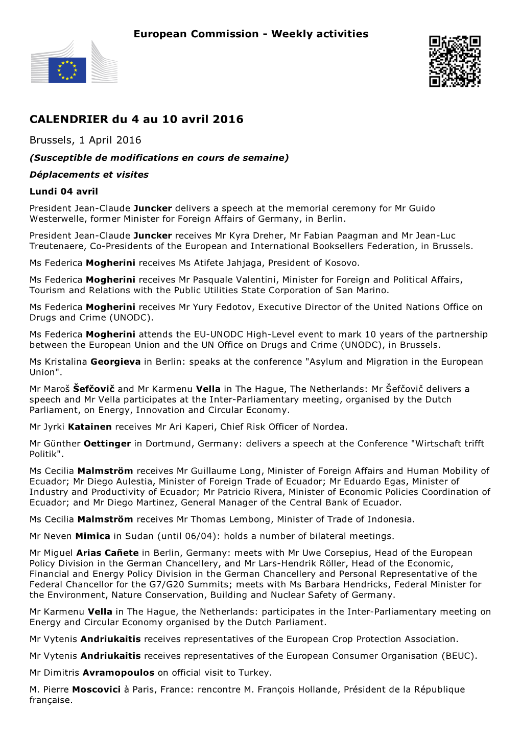 CALENDRIER Du 4 Au 10 Avril 2016