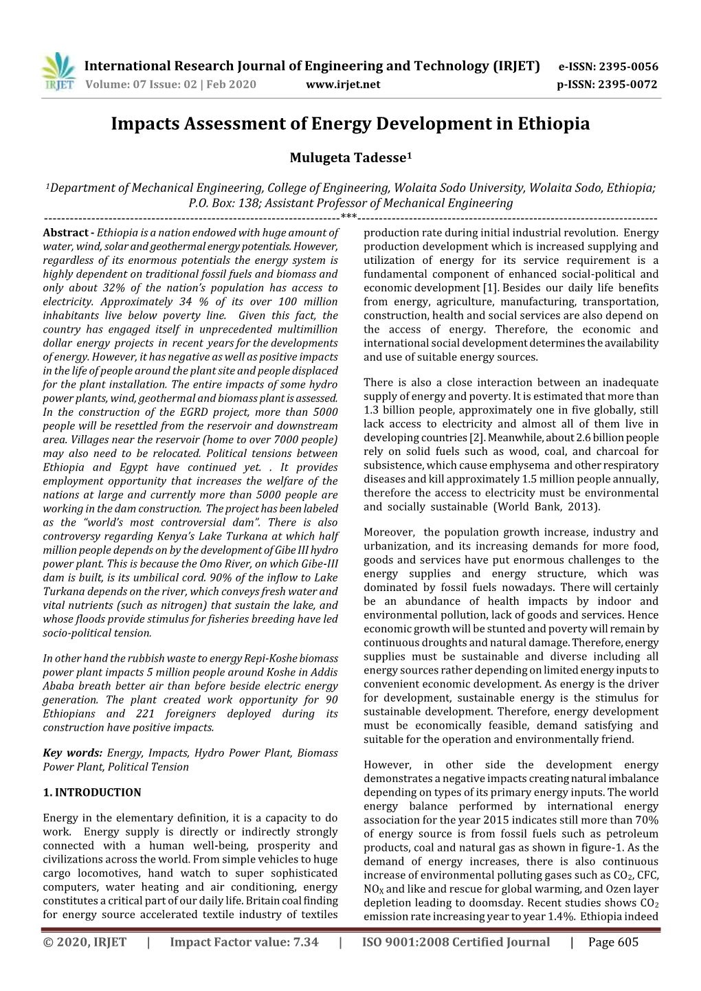 Impacts Assessment of Energy Development in Ethiopia