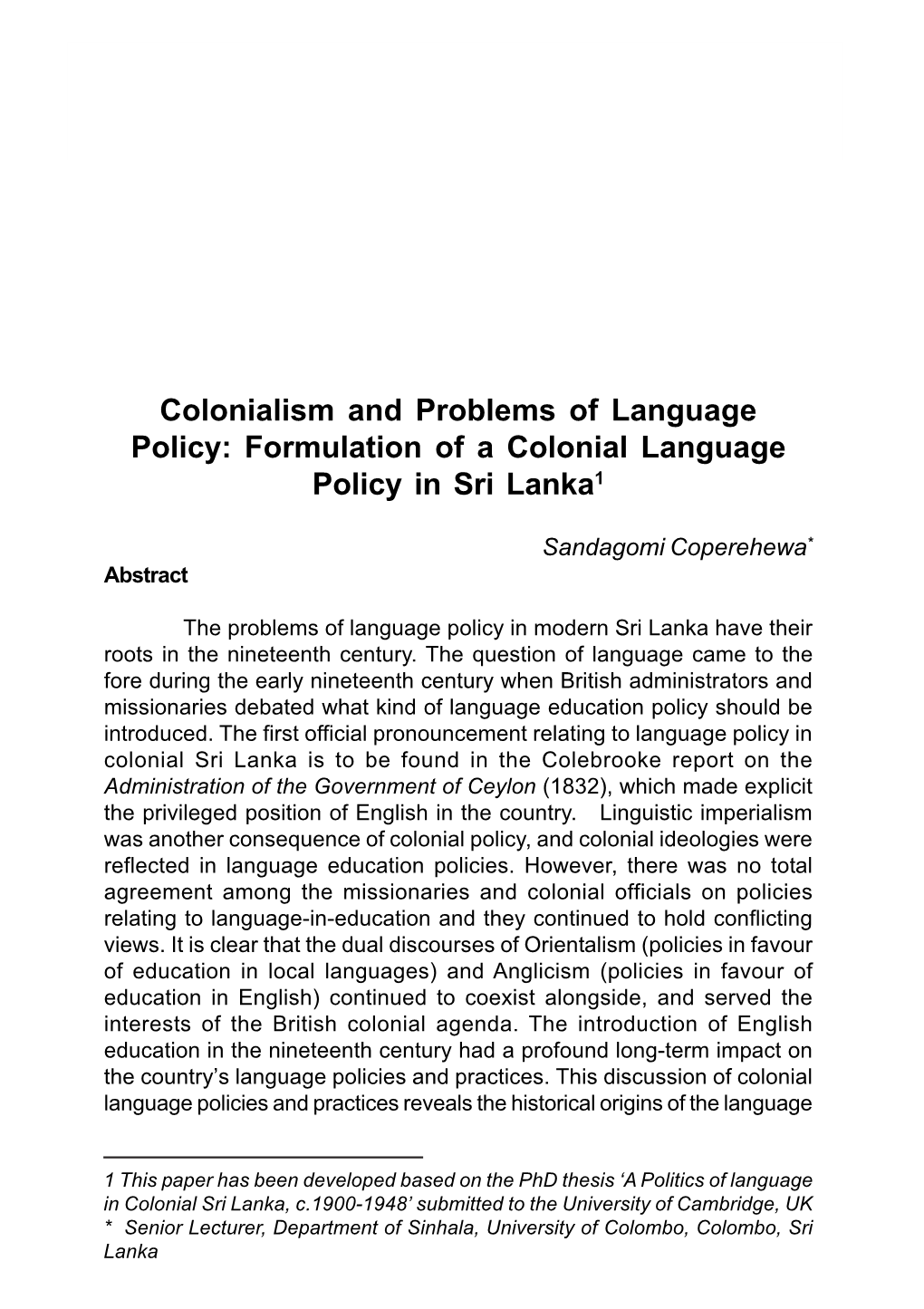 Formulation of a Colonial Language Policy in Sri Lanka1