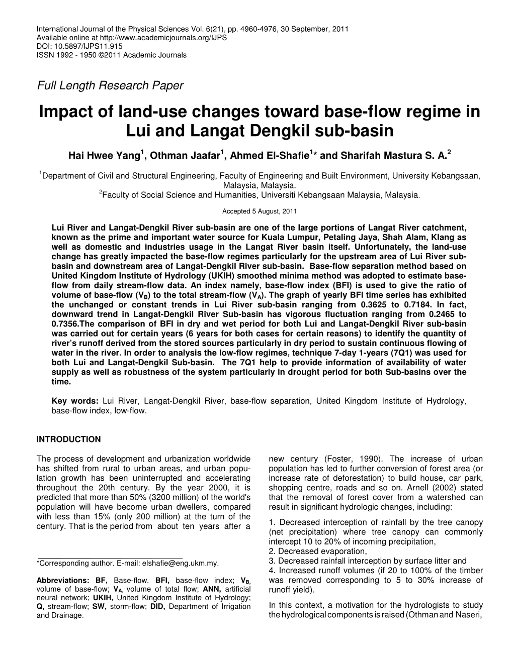 Impact of Land-Use Changes Toward Base-Flow Regime in Lui and Langat Dengkil Sub-Basin