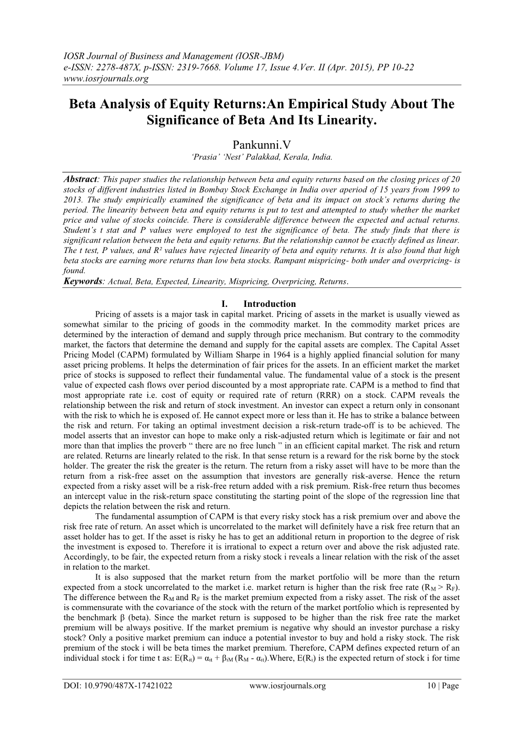 Beta Analysis of Equity Returns:An Empirical Study About the Significance of Beta and Its Linearity