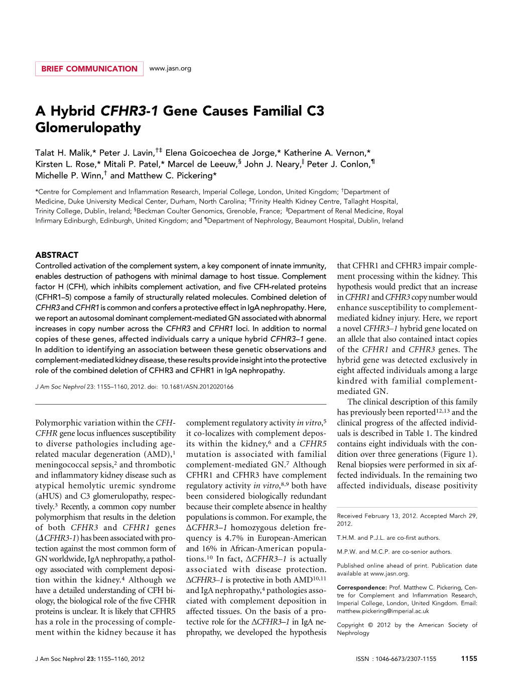 A Hybrid CFHR3-1 Gene Causes Familial C3 Glomerulopathy