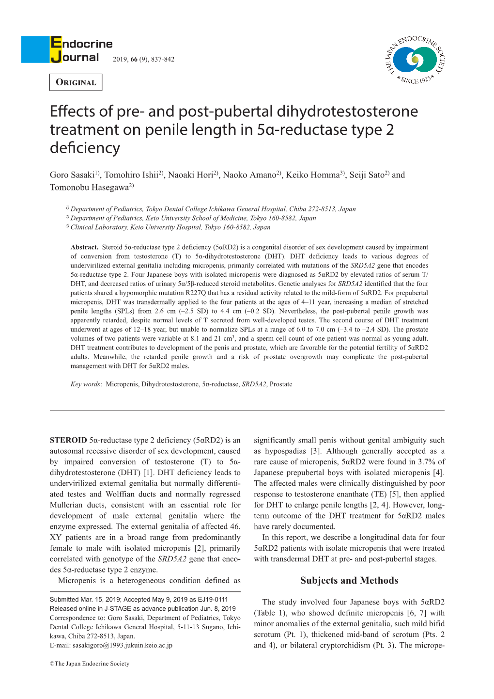 And Post-Pubertal Dihydrotestosterone Treatment on Penile Length in 5Α-Reductase Type 2 Deficiency