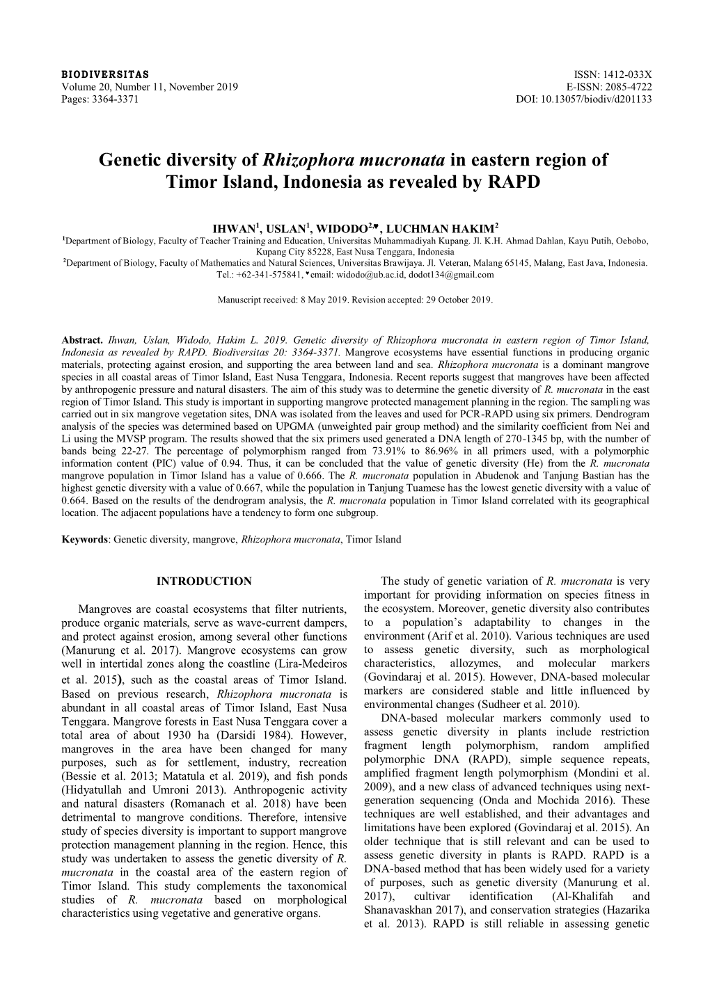 Genetic Diversity of Rhizophora Mucronata in Eastern Region of Timor Island, Indonesia As Revealed by RAPD