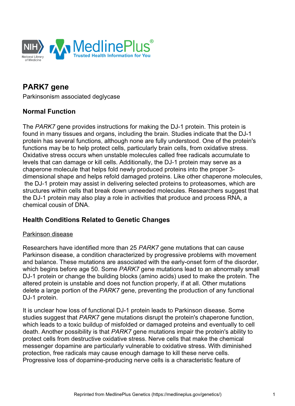 PARK7 Gene Parkinsonism Associated Deglycase