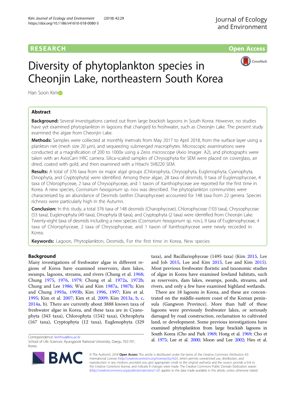 Diversity of Phytoplankton Species in Cheonjin Lake, Northeastern South Korea Han Soon Kim