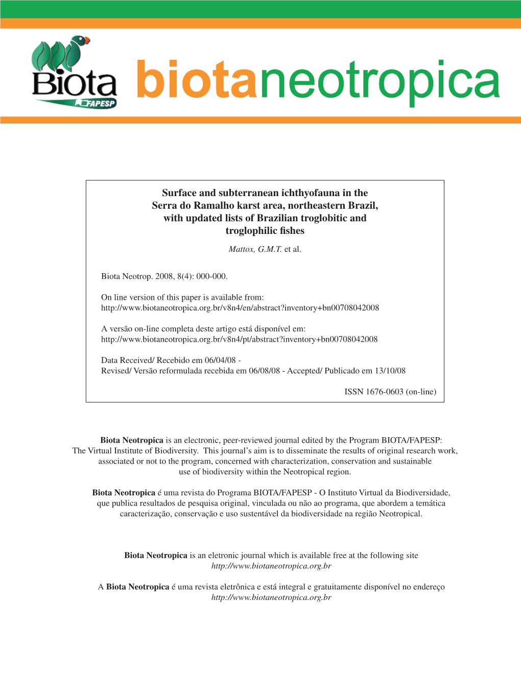 Surface and Subterranean Ichthyofauna in the Serra Do Ramalho Karst Area, Northeastern Brazil, with Updated Lists of Brazilian Troglobitic and Troglophilic Fishes