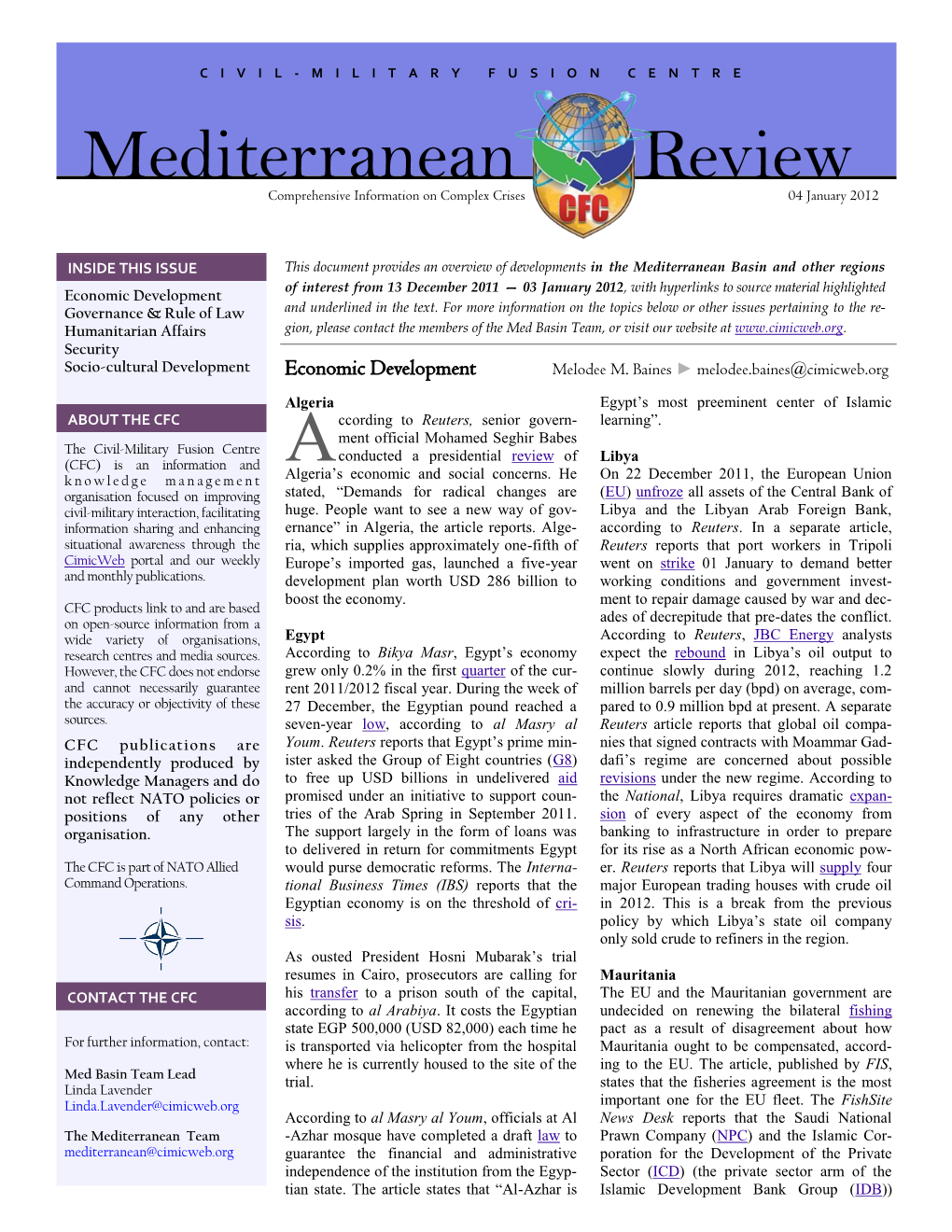 Mediterranean Review Comprehensive Information on Complex Crises 04 January 2012