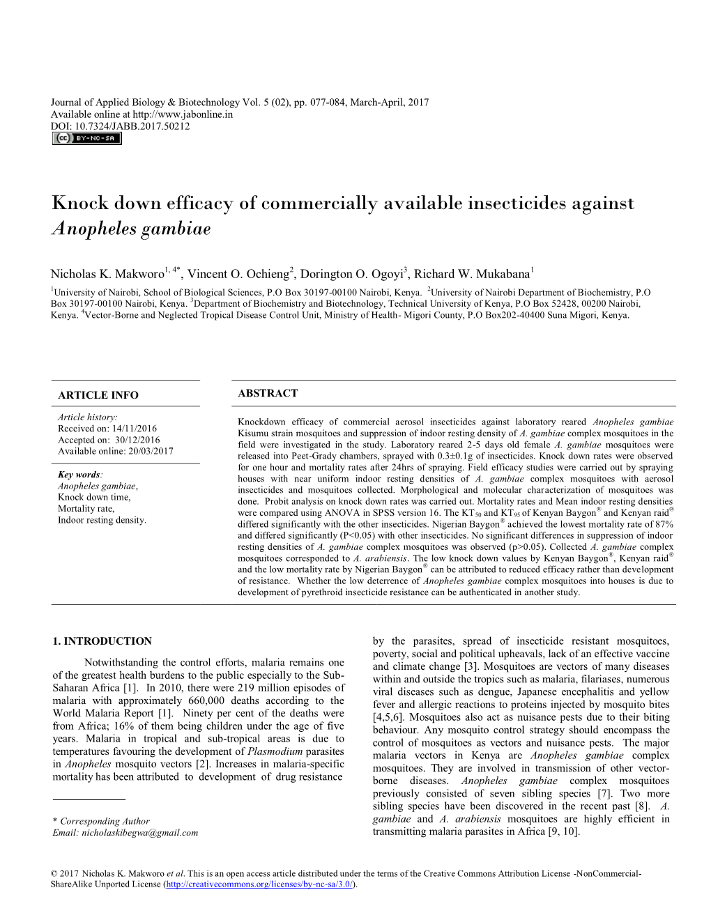 Knock Down Efficacy of Commercially Available Insecticides Against