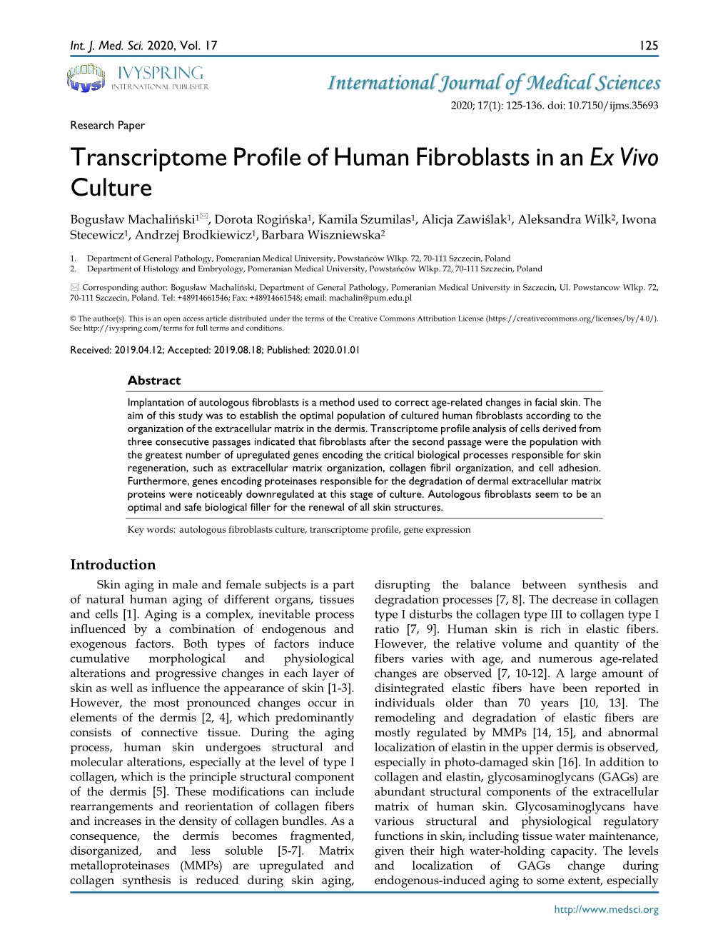 Transcriptome Profile of Human Fibroblasts in an Ex Vivo Culture