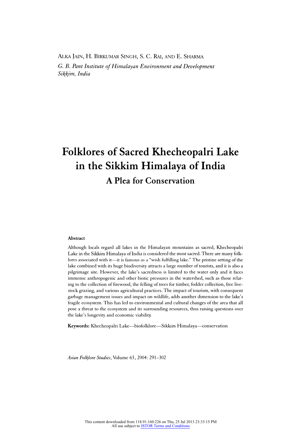 Folklores of Sacred Khecheopalri Lake in the Sikkim Himalaya of India a Plea for Conservation