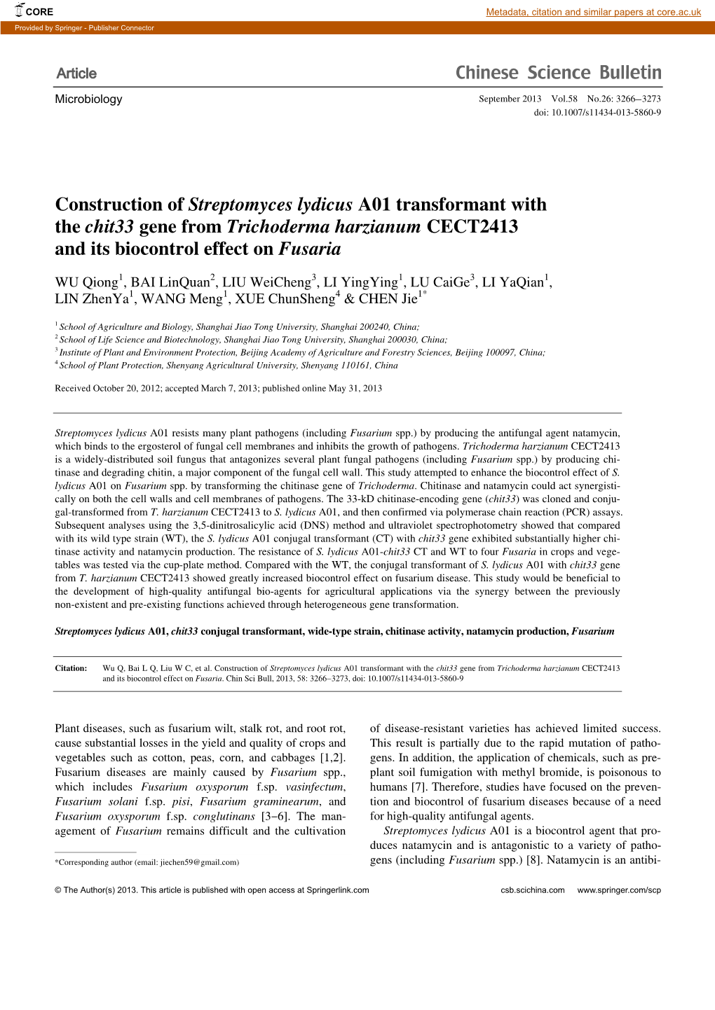 Construction of Streptomyces Lydicus A01 Transformant with the Chit33 Gene from Trichoderma Harzianum CECT2413 and Its Biocontrol Effect on Fusaria