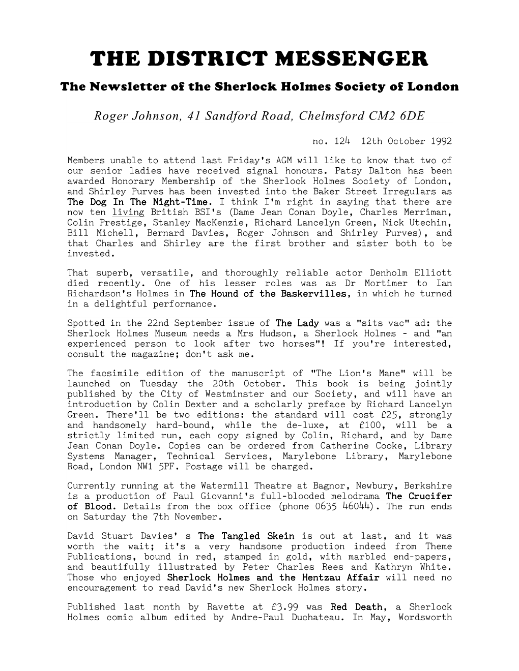 THE DISTRICT MESSENGER the Newsletter of the Sherlock Holmes Society of London