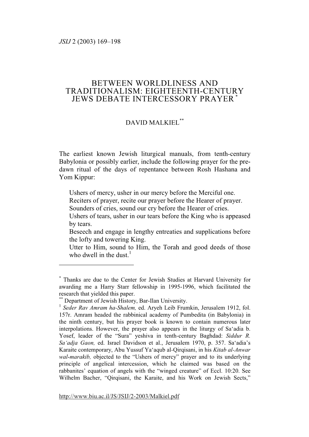 Between Worldliness and Traditionalism: Eighteenth-Century Jews Debate Intercessory Prayer *