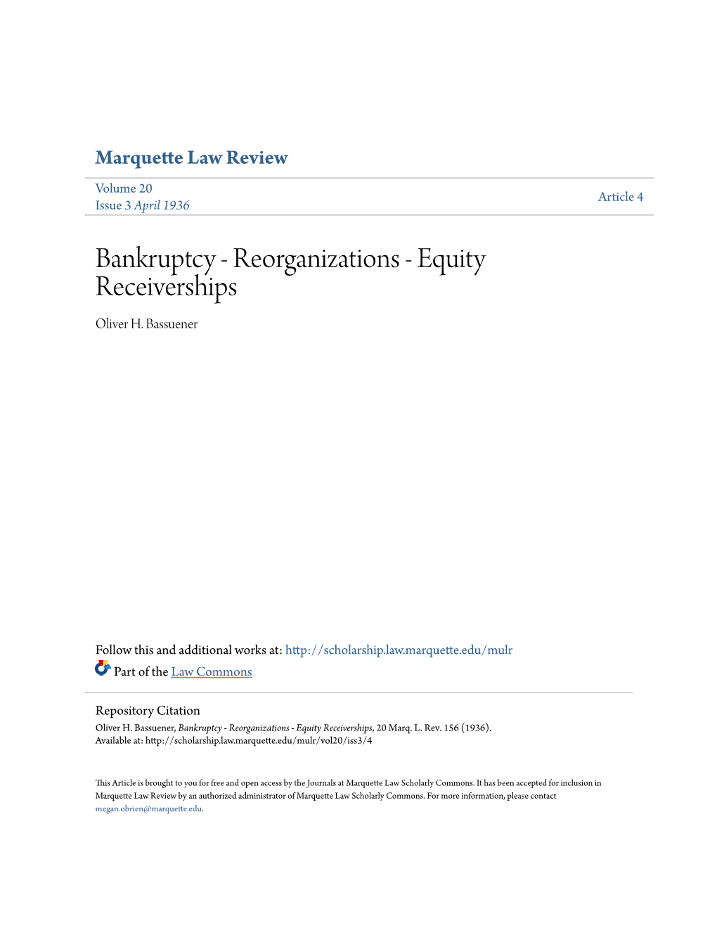 Bankruptcy - Reorganizations - Equity Receiverships Oliver H