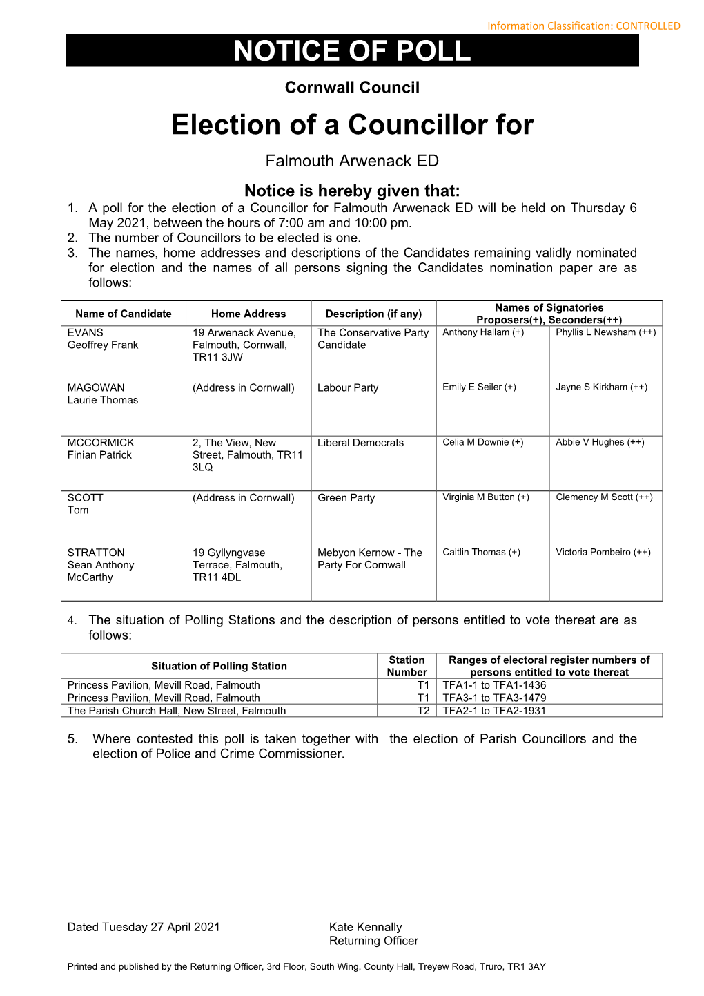 NOTICE of POLL Election of a Councillor