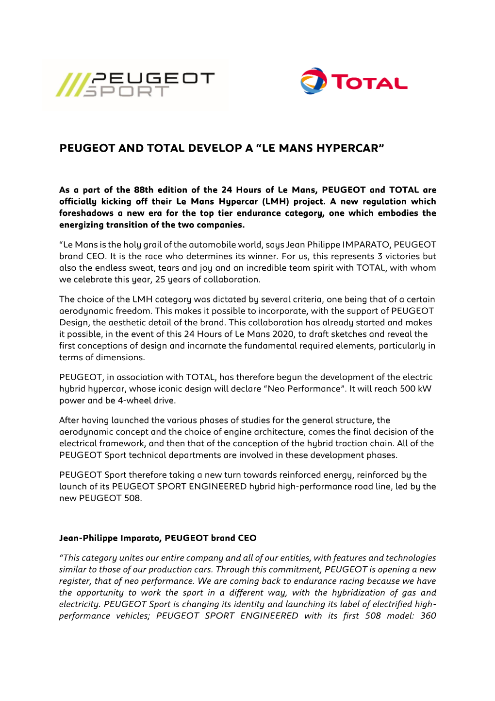 Peugeot and Total Develop a “Le Mans Hypercar”