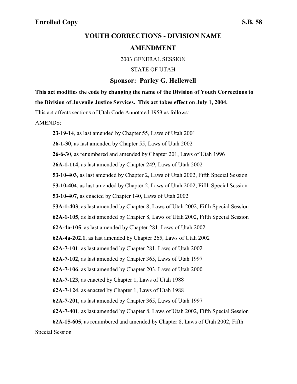 Enrolled Copy SB 58 YOUTH CORRECTIONS