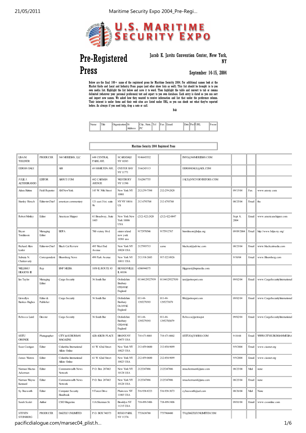 Maritime Security Expo 2004 Pre-Registered Press List