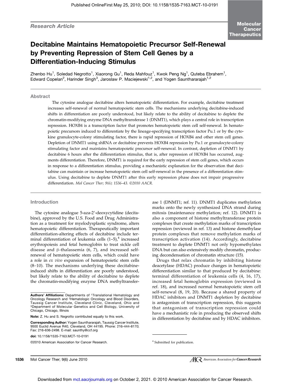 Decitabine Maintains Hematopoietic Precursor Self-Renewal by Preventing Repression of Stem Cell Genes by a Differentiation-Inducing Stimulus