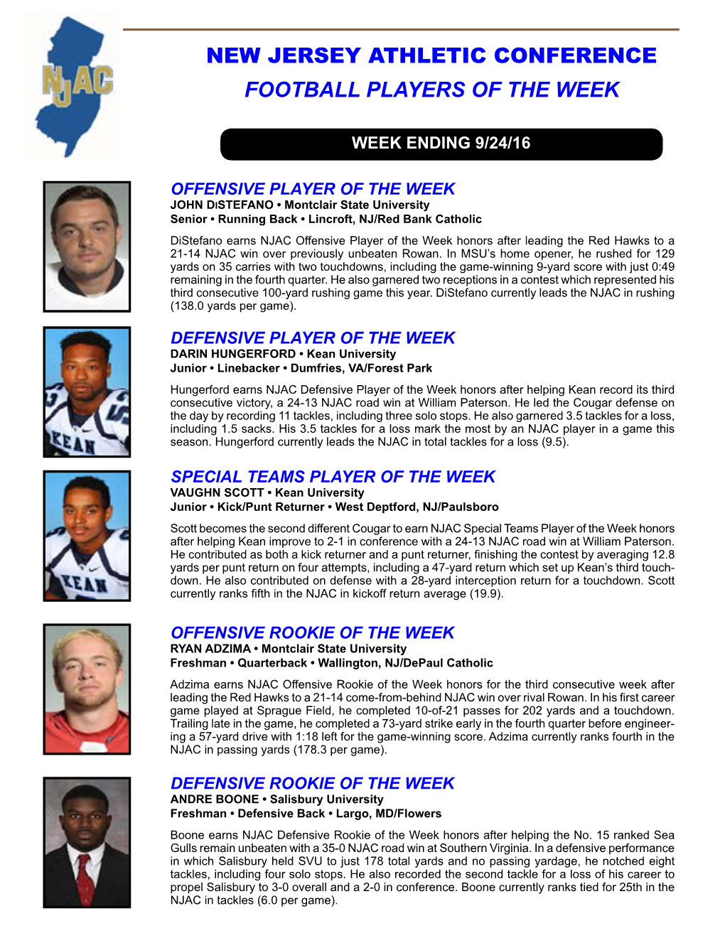 NEW JERSEY ATHLETIC Conference FOOTBALL PLAYERS of the WEEK