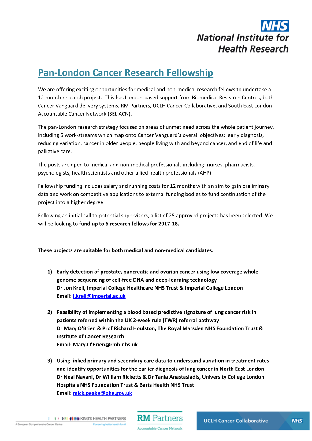 Pan-London Cancer Research Fellowship