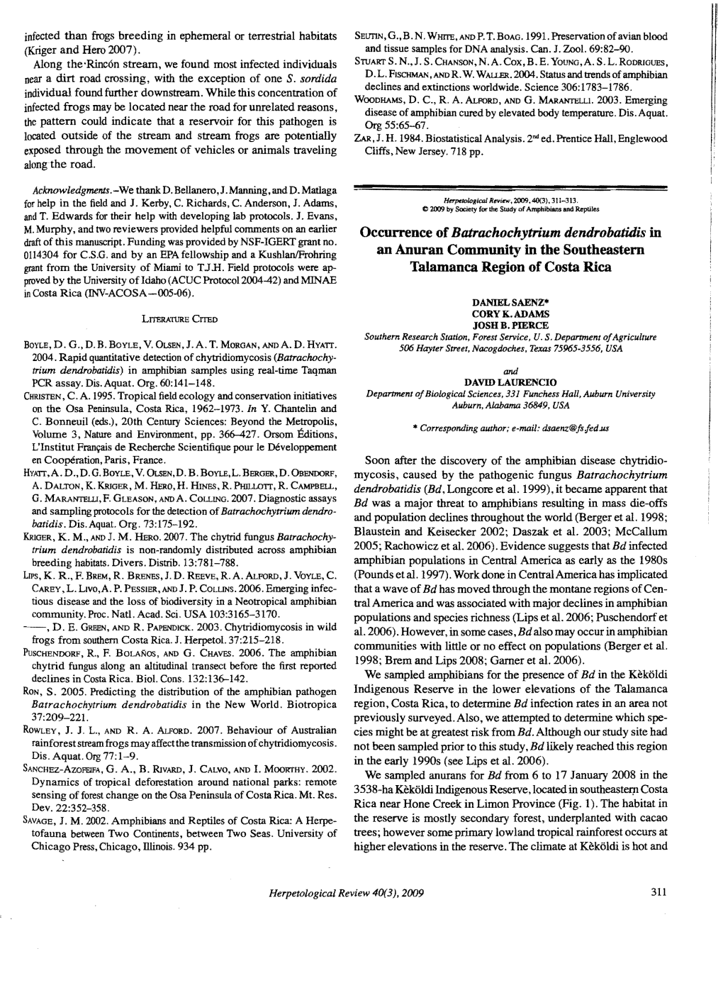 Occurrence of Batrachochytrium Dendrobatidis in an Anuran