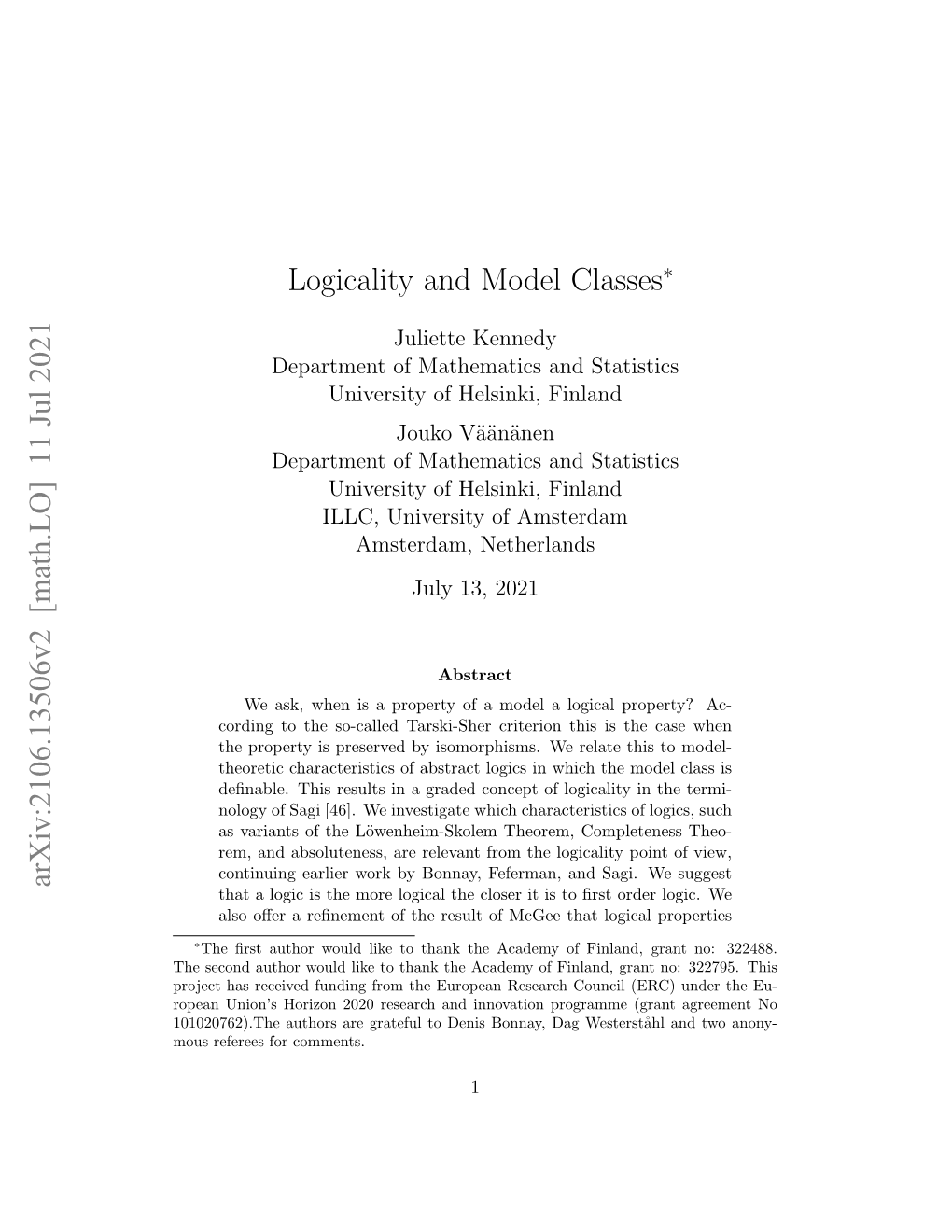 Logicality and Model Classes Arxiv:2106.13506V2 [Math.LO]