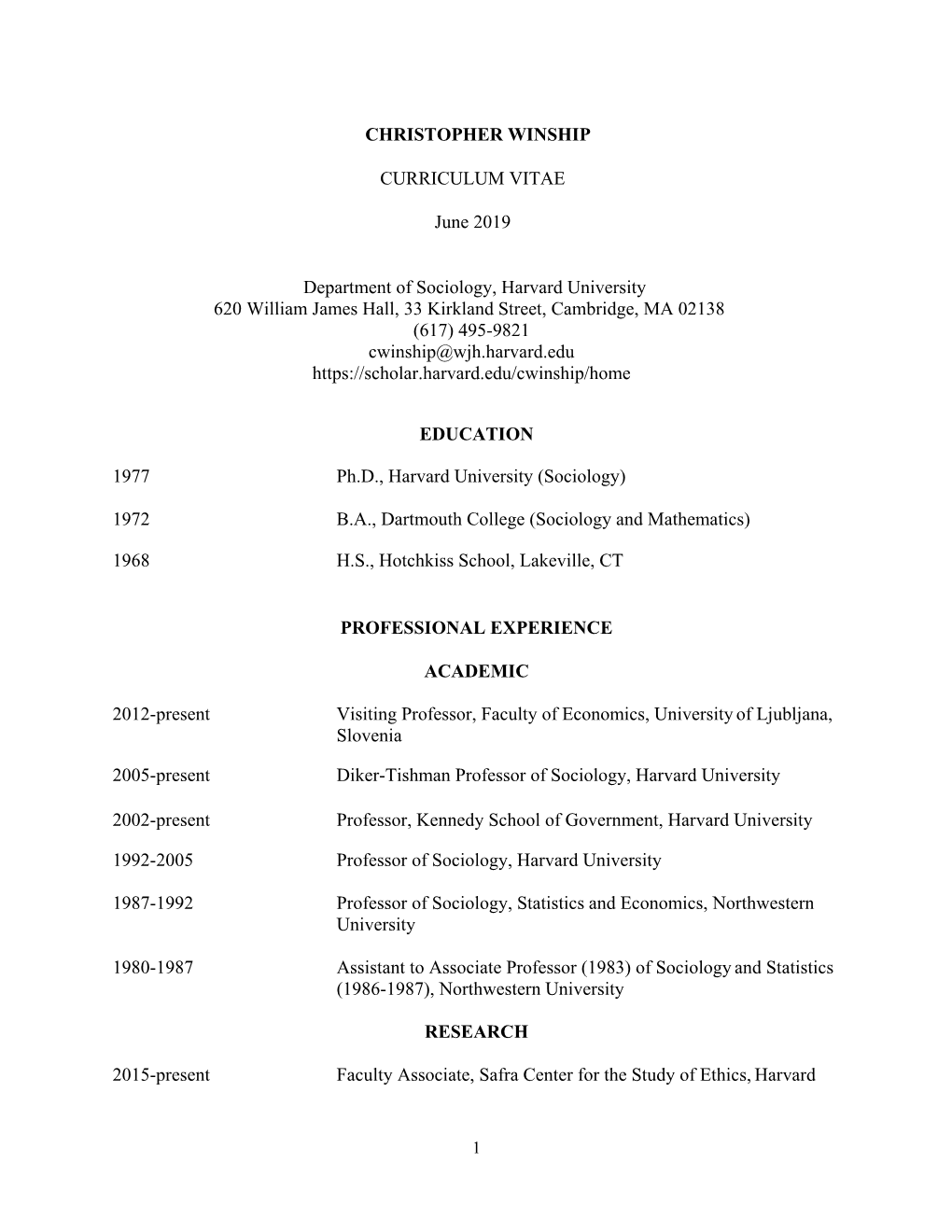 CHRISTOPHER WINSHIP CURRICULUM VITAE June 2019