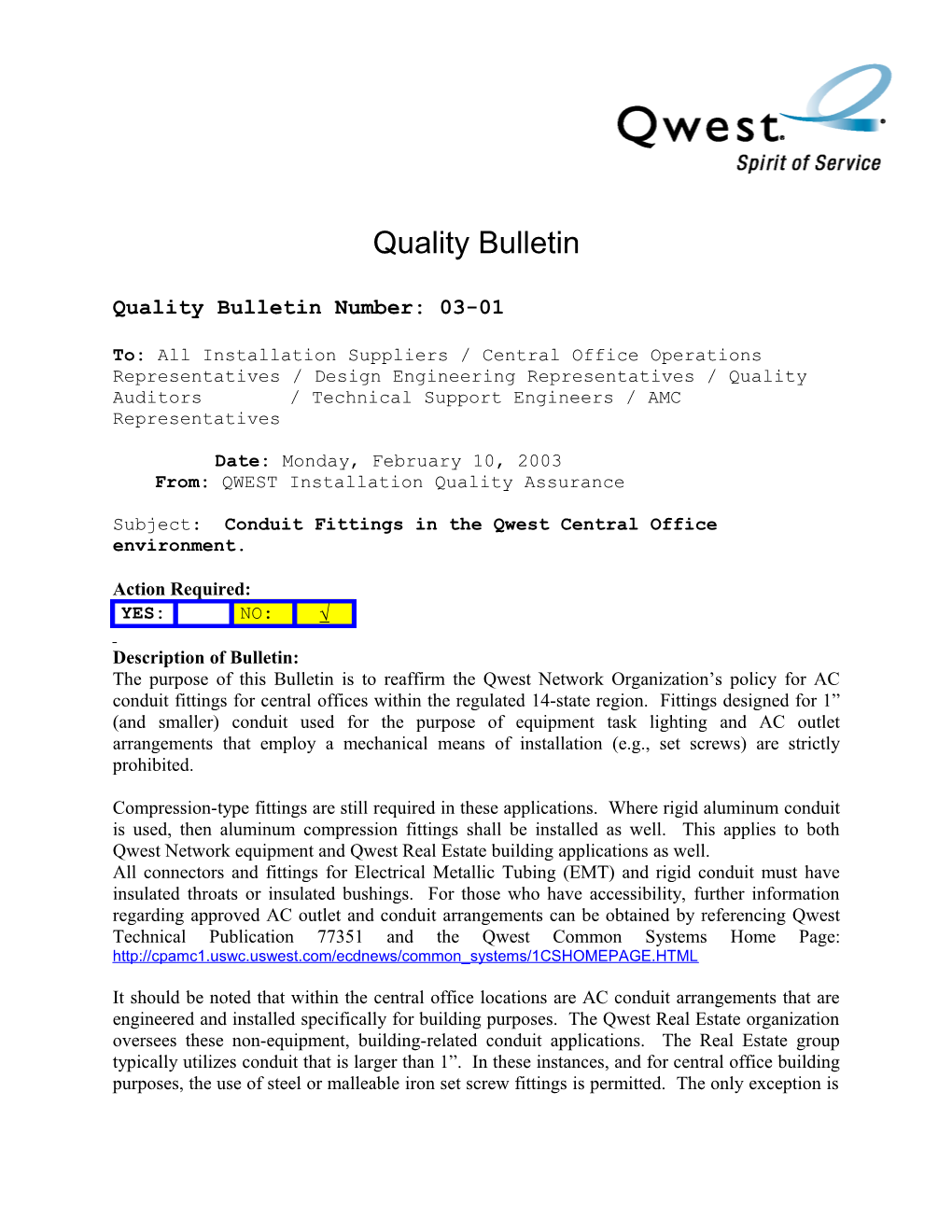 Quality Bulletin Number: 03-01