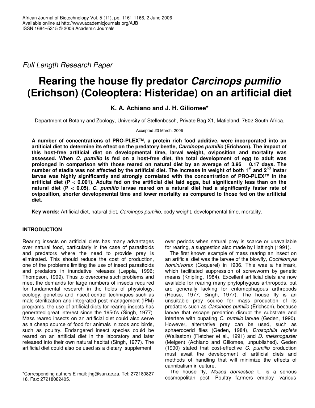 Rearing the House Fly Predator Carcinops Pumilio (Erichson) (Coleoptera: Histeridae) on an Artificial Diet