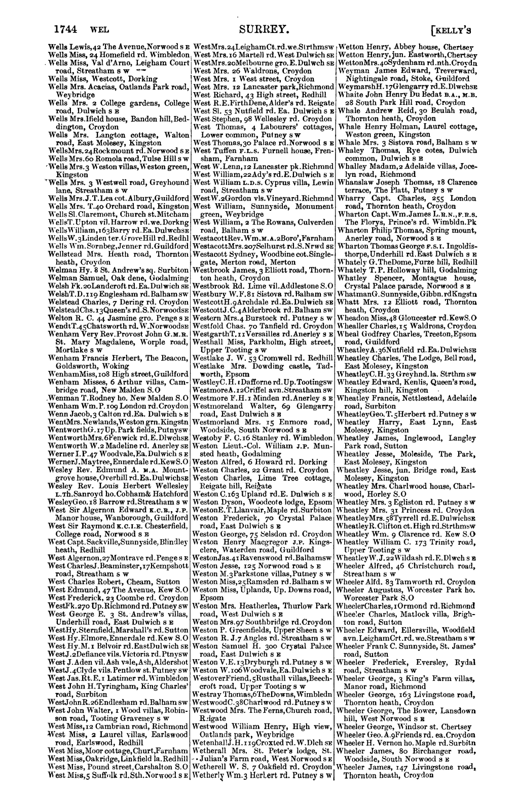 SURREY. (KELLY's Wells Lewis,42 the Avenue,Norwood Se Westmrs.24Leighamct.Rd.We.Strthmsw Wetton Henry, Abbey House, Chertsey Wells Miss, 24 Homefield Rd