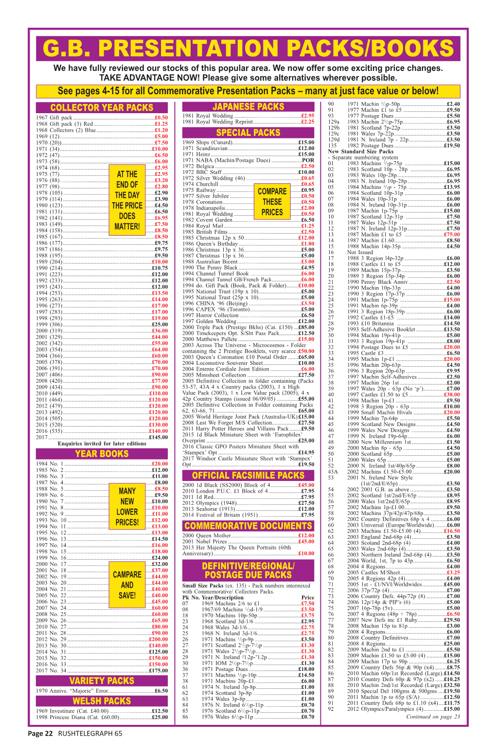 G.B. PRESENTATION PACKS/BOOKS We Have Fully Reviewed Our Stocks of This Popular Area